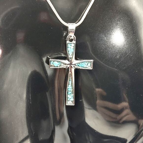925 Silver Necklace w/ Turquoise Cross Christian Native Pendant Valentines NEW - Picture 1 of 6